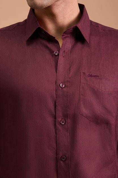 ROUX- MENS PREMIUM LINEN MAROON SOLID REGULAR FIT SHIRT
