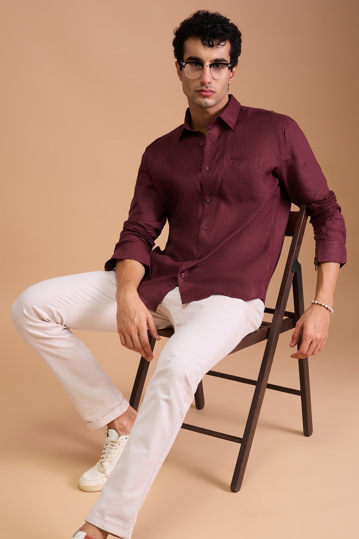 ROUX- MENS PREMIUM LINEN MAROON SOLID REGULAR FIT SHIRT