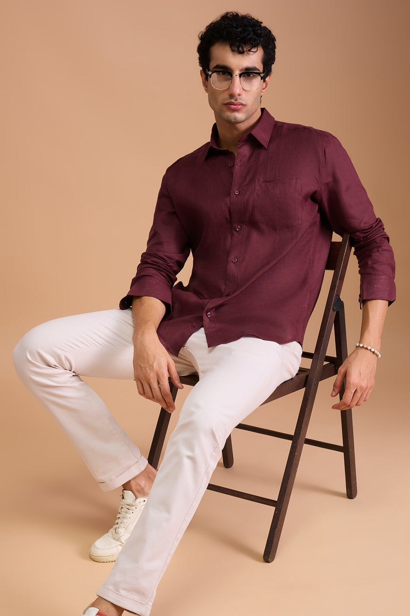 ROUX- MENS PREMIUM LINEN MAROON SOLID REGULAR FIT SHIRT