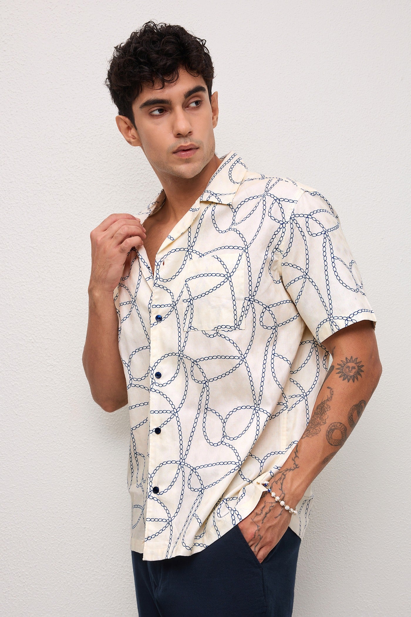 MARBELLA- MENS MARBELLA PREMIUM COTTON NAVY PRINTED CASUAL RELAXED FIT CUBAN SHIRT