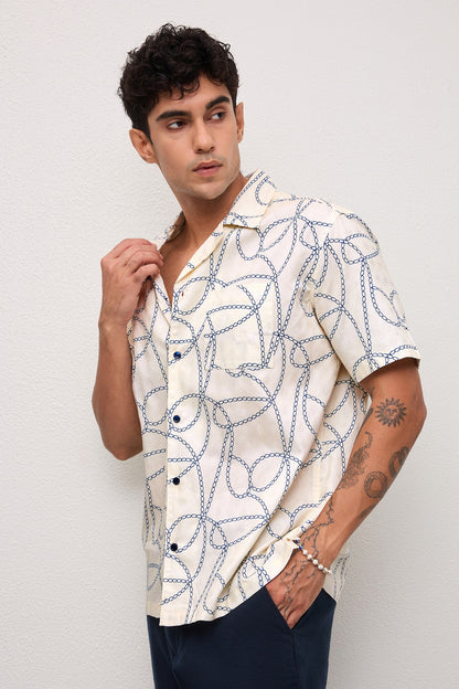 MARBELLA- MENS MARBELLA PREMIUM COTTON NAVY PRINTED CASUAL RELAXED FIT CUBAN SHIRT