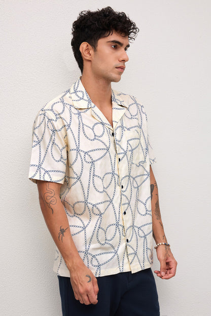 MARBELLA- MENS MARBELLA PREMIUM COTTON NAVY PRINTED CASUAL RELAXED FIT CUBAN SHIRT