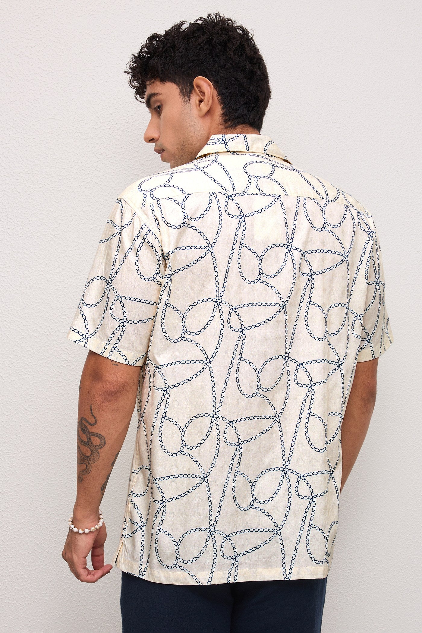 MARBELLA- MENS MARBELLA PREMIUM COTTON NAVY PRINTED CASUAL RELAXED FIT CUBAN SHIRT