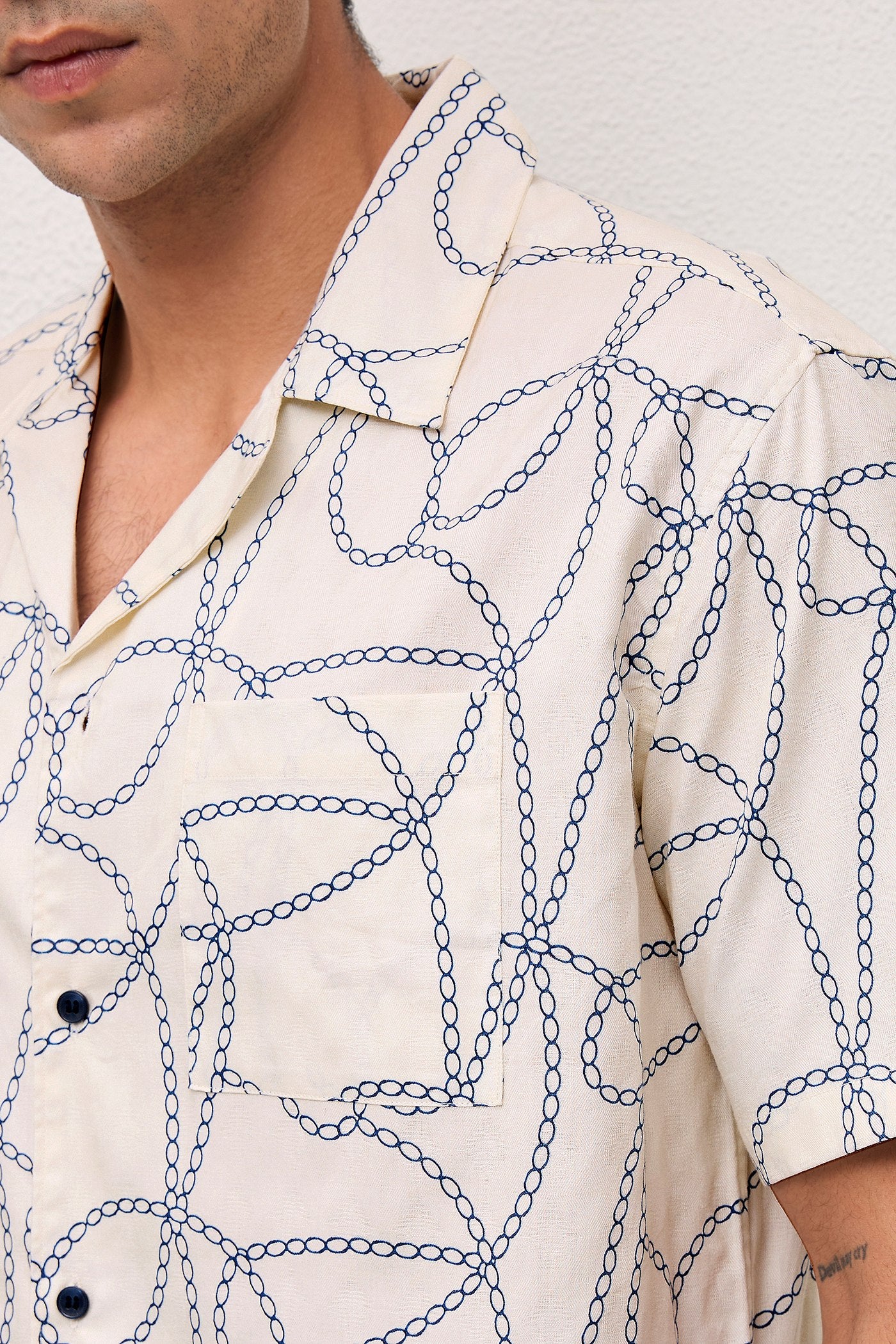 MARBELLA- MENS MARBELLA PREMIUM COTTON NAVY PRINTED CASUAL RELAXED FIT CUBAN SHIRT