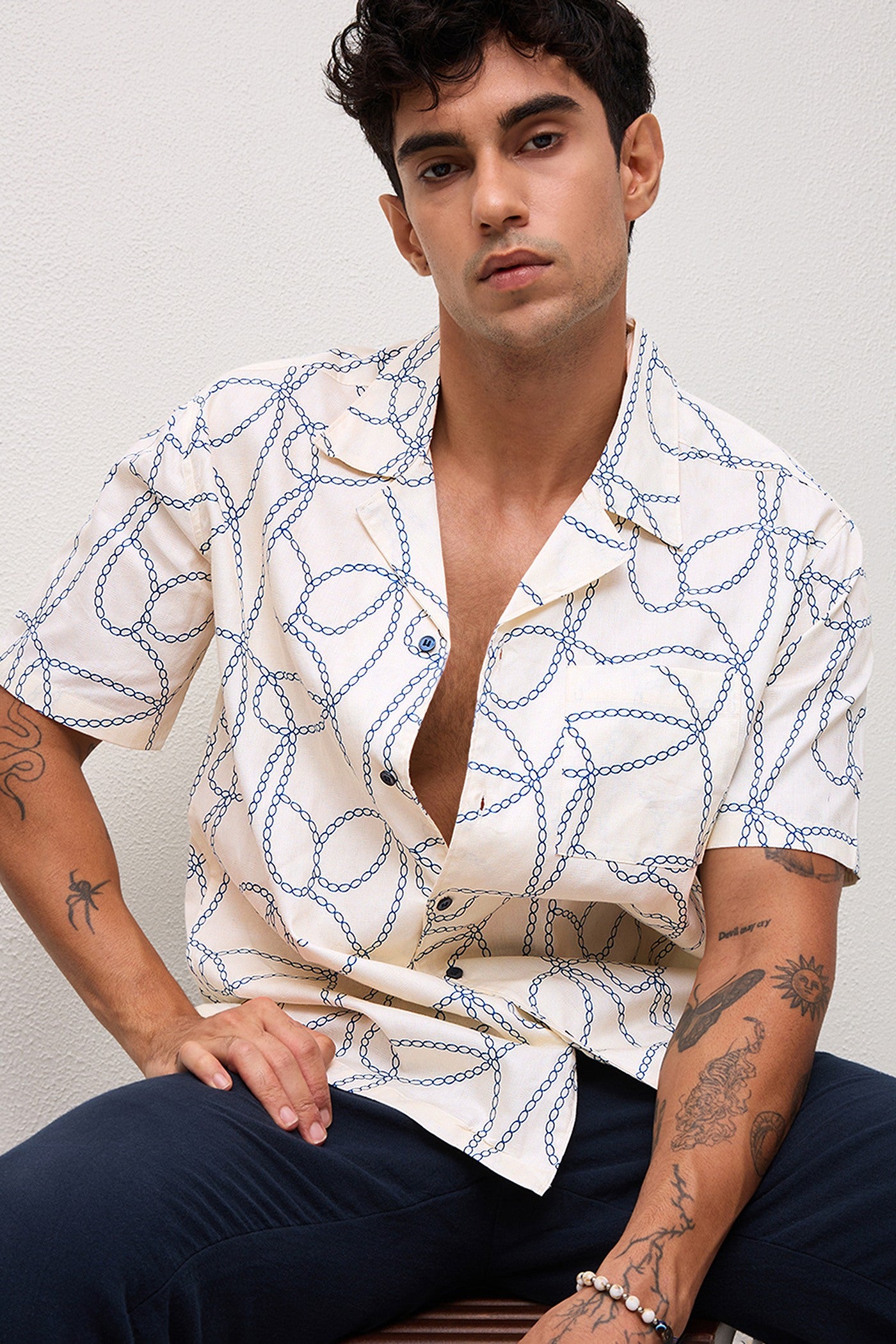 MARBELLA- MENS MARBELLA PREMIUM COTTON NAVY PRINTED CASUAL RELAXED FIT CUBAN SHIRT