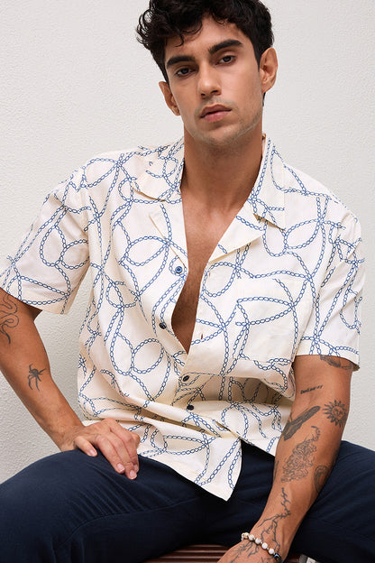 MARBELLA- MENS MARBELLA PREMIUM COTTON NAVY PRINTED CASUAL RELAXED FIT CUBAN SHIRT