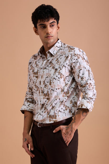 MERLOT- MENS MERLOT PREMIUM COTTON BEIGE CASUAL SLIM FIT SHIRT