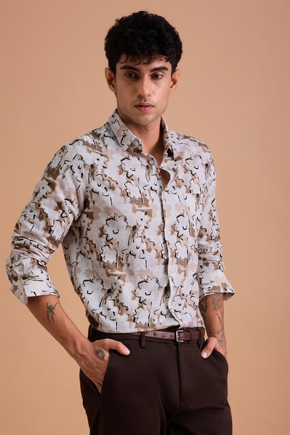 MERLOT- MENS MERLOT PREMIUM COTTON BEIGE CASUAL SLIM FIT SHIRT