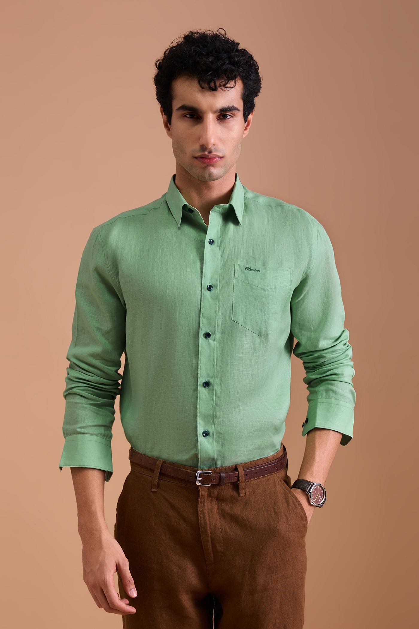 CERVO- MENS PREMIUM 100% LINEN MINT GREEN SOLID REGULAR FIT SHIRT
