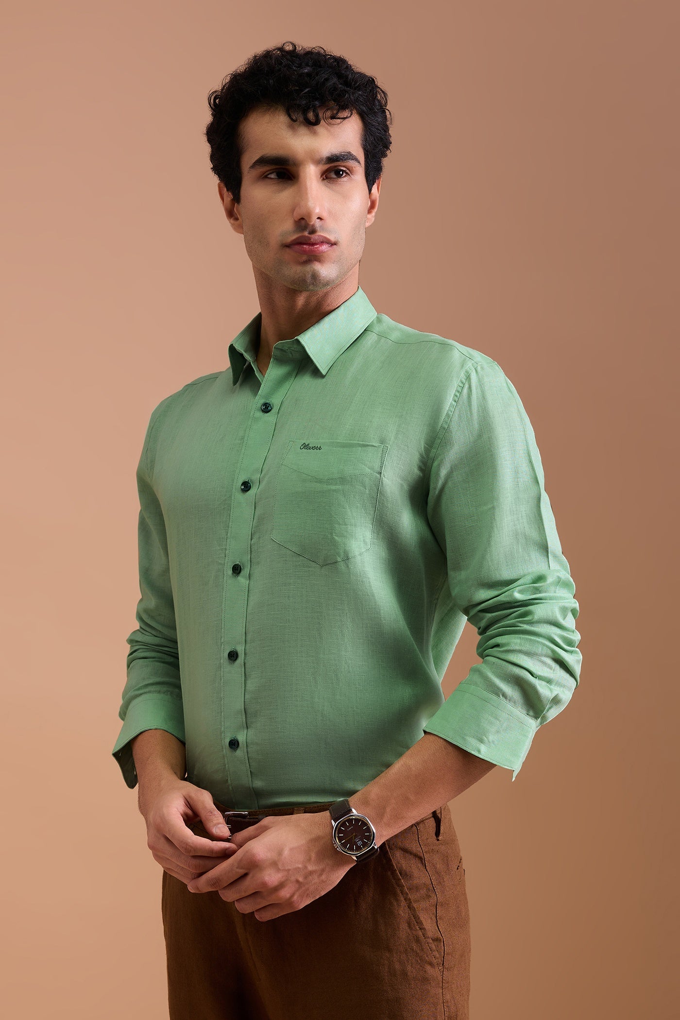 CERVO- MENS PREMIUM 100% LINEN MINT GREEN SOLID REGULAR FIT SHIRT