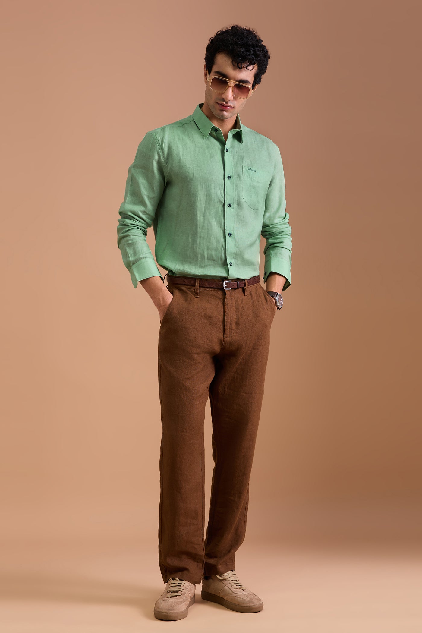 CERVO- MENS PREMIUM 100% LINEN MINT GREEN SOLID REGULAR FIT SHIRT
