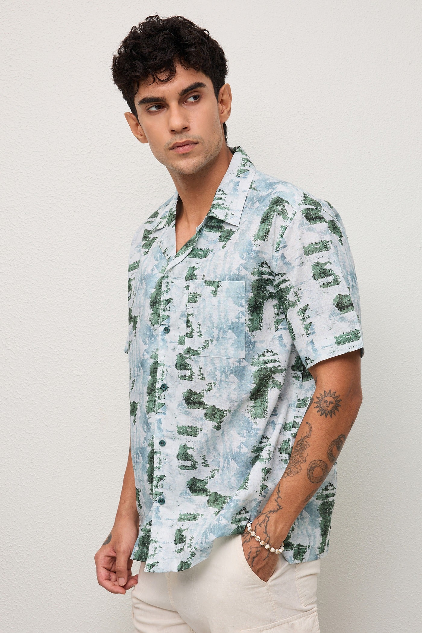 OHIO- MENS OHIO PREMIUM COTTON BLEND GREEN PRINTED CASUAL RELAXED FIT CUBAN SHIRT
