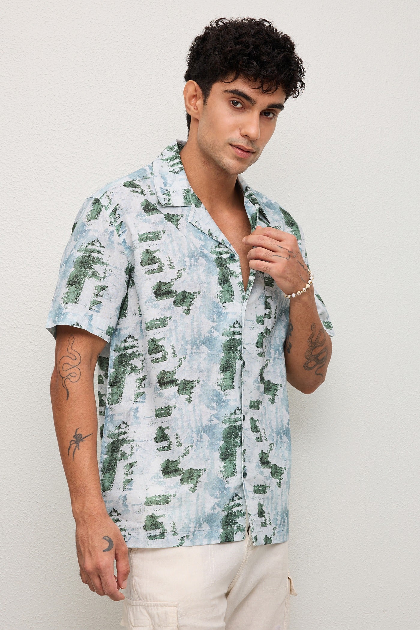 OHIO- MENS OHIO PREMIUM COTTON BLEND GREEN PRINTED CASUAL RELAXED FIT CUBAN SHIRT