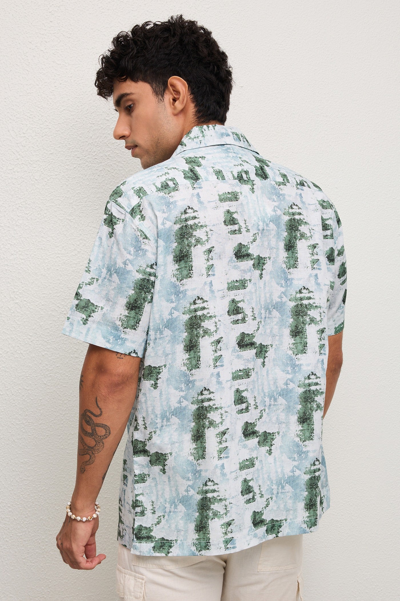 OHIO- MENS OHIO PREMIUM COTTON BLEND GREEN PRINTED CASUAL RELAXED FIT CUBAN SHIRT