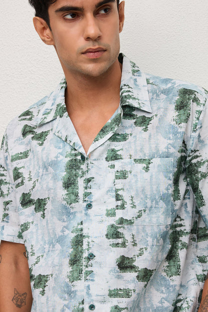 OHIO- MENS OHIO PREMIUM COTTON BLEND GREEN PRINTED CASUAL RELAXED FIT CUBAN SHIRT