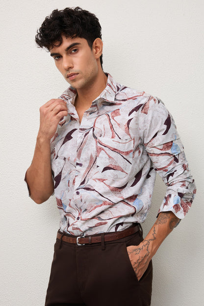 RAVELLO- MENS RAVELLO PREMIUM COTTON BROWN PRINTED CASUAL SLIM FIT SHIRT