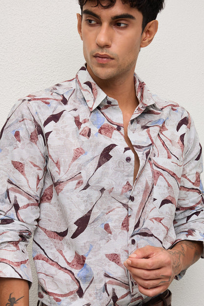 RAVELLO- MENS RAVELLO PREMIUM COTTON BROWN PRINTED CASUAL SLIM FIT SHIRT
