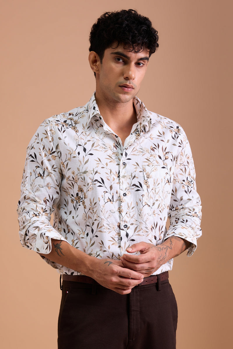 AVEL- MEN AVEL PREMIUM COTTON BEIGE PRINTED CASUAL SLIM FIT SHIRT