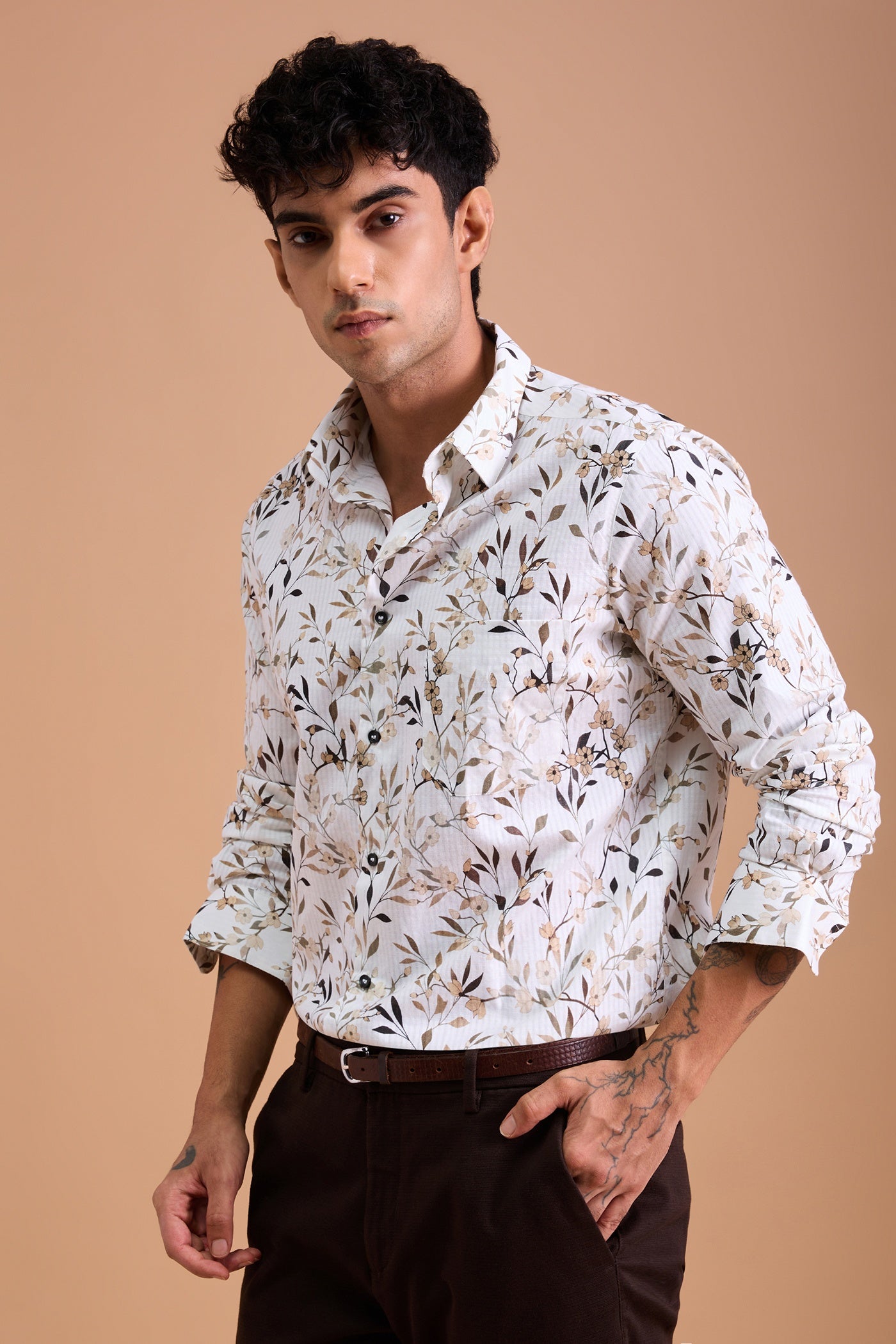 AVEL- MEN AVEL PREMIUM COTTON BEIGE PRINTED CASUAL SLIM FIT SHIRT