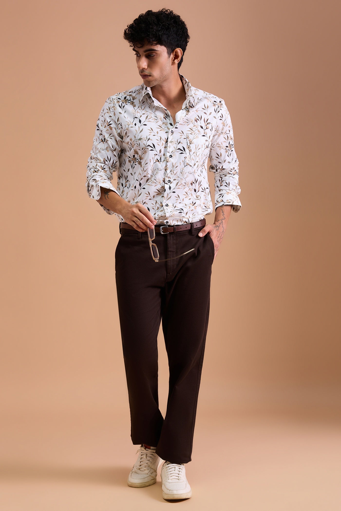 AVEL- MEN AVEL PREMIUM COTTON BEIGE PRINTED CASUAL SLIM FIT SHIRT