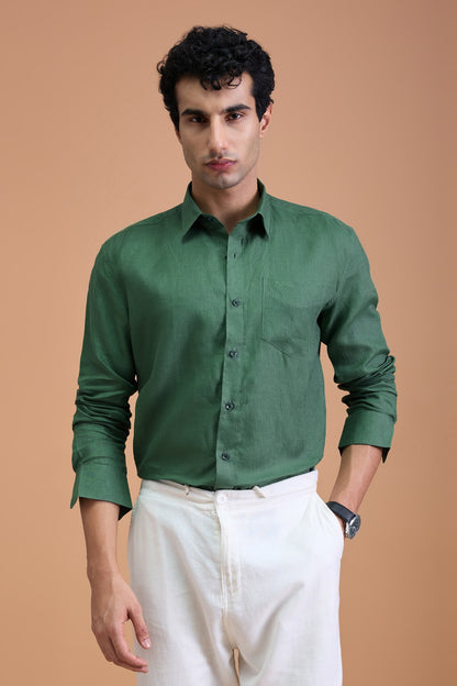 NILO- MENS PREMIUM 100% LINEN SAGE GREEN SOLID REGULAR FIT SHIRT
