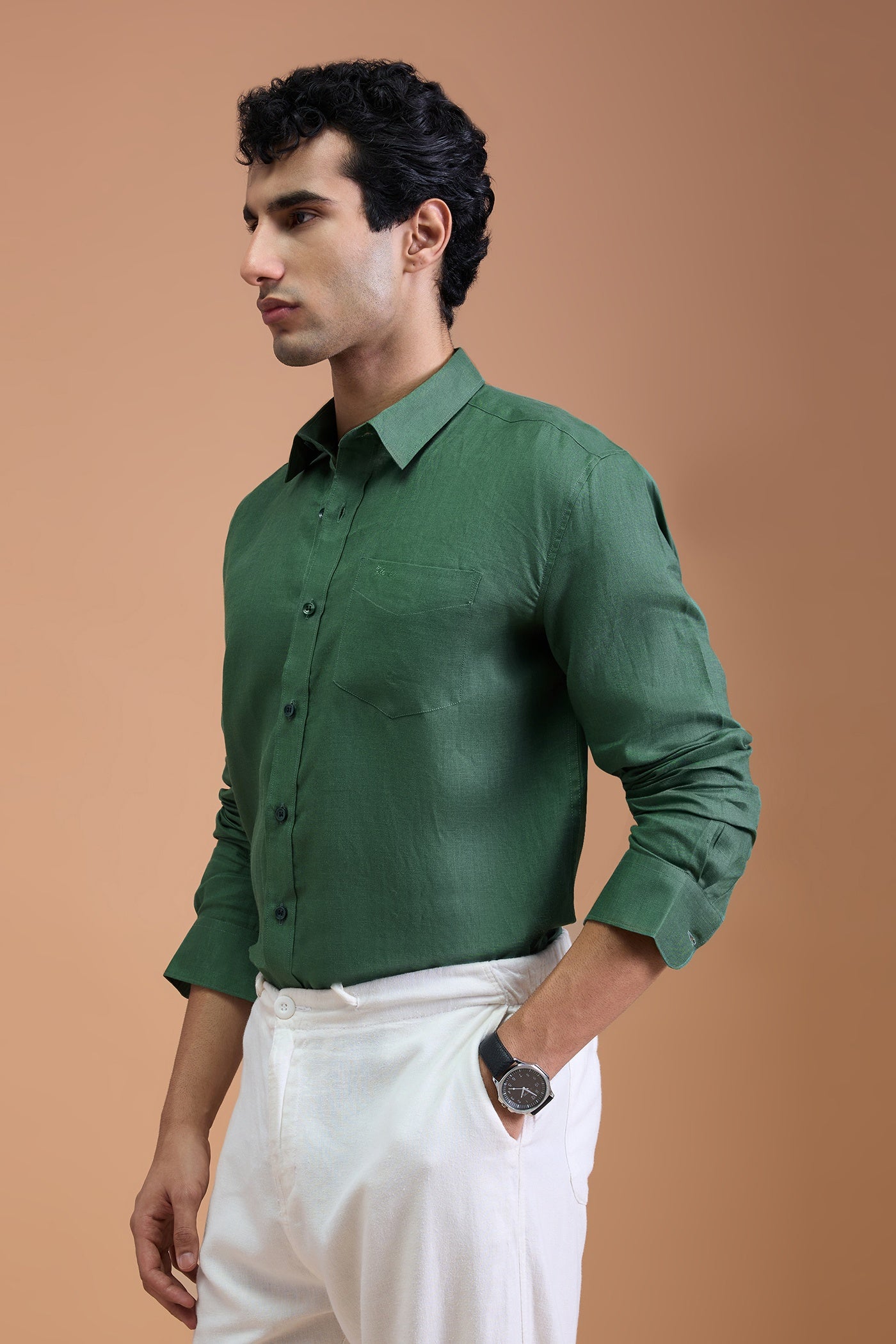 NILO- MENS PREMIUM 100% LINEN SAGE GREEN SOLID REGULAR FIT SHIRT