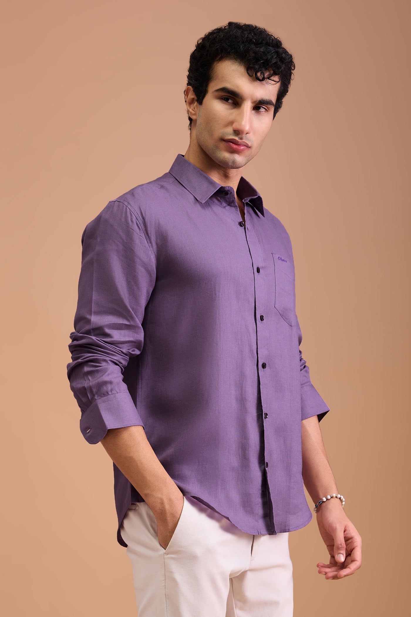 BRUME- MENS PREMIUM LINEN LAVENDER SOLID REGULAR FIT SHIRT