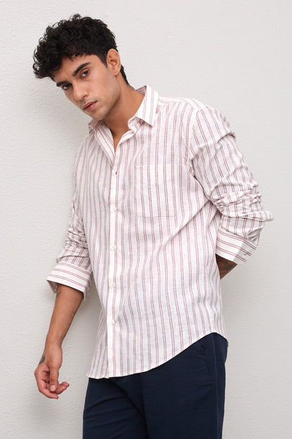 VIAN- MENS PREMIUM COTTON LINEN BLEND MAUVE STRIPED REGULAR FIT SHIRT