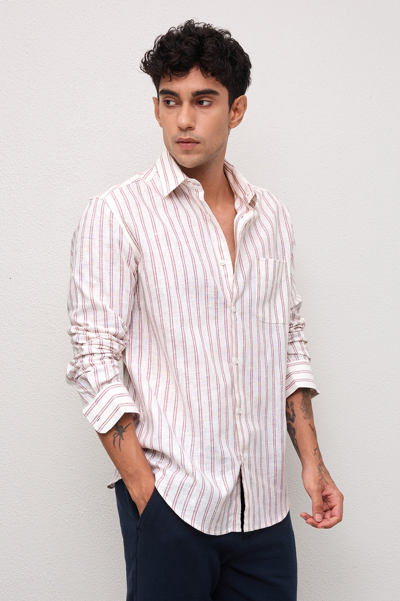 VIAN- MENS PREMIUM COTTON LINEN BLEND MAUVE STRIPED REGULAR FIT SHIRT