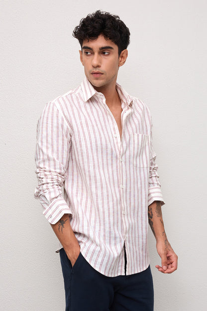 VIAN- MENS PREMIUM COTTON LINEN BLEND MAUVE STRIPED REGULAR FIT SHIRT