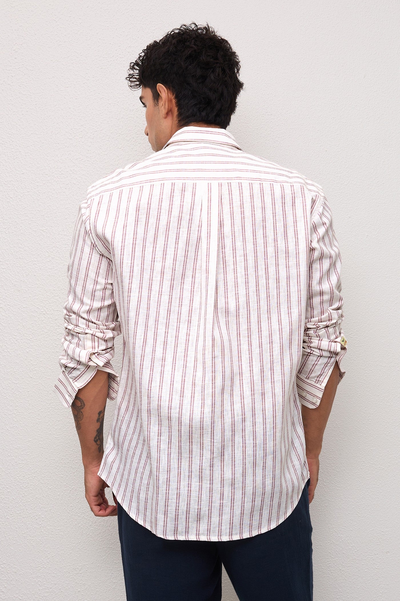 VIAN- MENS PREMIUM COTTON LINEN BLEND MAUVE STRIPED REGULAR FIT SHIRT