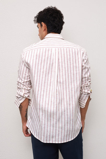 VIAN- MENS PREMIUM COTTON LINEN BLEND MAUVE STRIPED REGULAR FIT SHIRT