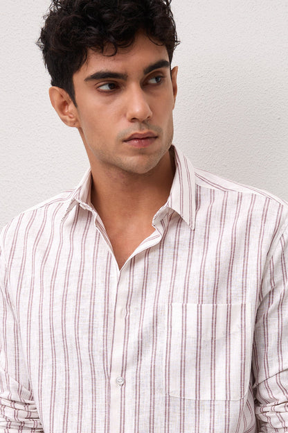 VIAN- MENS PREMIUM COTTON LINEN BLEND MAUVE STRIPED REGULAR FIT SHIRT