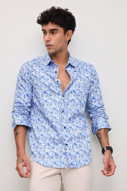 AZURE- MENS AZURE PREMIUM COTTON BLUE PRINTED CASUAL SLIM FIT SHIRT