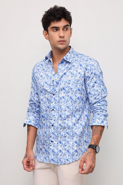 AZURE- MENS AZURE PREMIUM COTTON BLUE PRINTED CASUAL SLIM FIT SHIRT