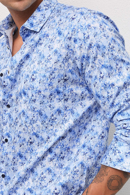 AZURE- MENS AZURE PREMIUM COTTON BLUE PRINTED CASUAL SLIM FIT SHIRT