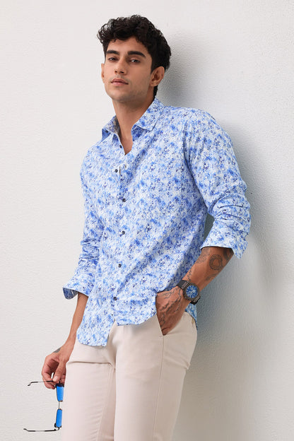 AZURE- MENS AZURE PREMIUM COTTON BLUE PRINTED CASUAL SLIM FIT SHIRT