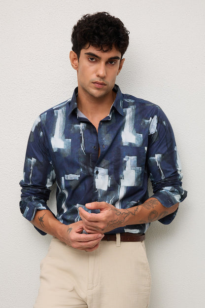 FJORD- MENS FJORD PREMIUM COTTON NAVY BLUE CONTEMRORY PRINT SLIM FIT SHIRT