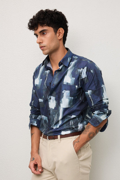FJORD- MENS FJORD PREMIUM COTTON NAVY BLUE CONTEMRORY PRINT SLIM FIT SHIRT