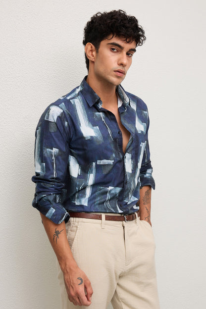 FJORD- MENS FJORD PREMIUM COTTON NAVY BLUE CONTEMRORY PRINT SLIM FIT SHIRT