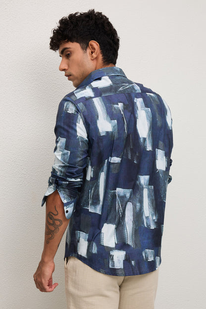 FJORD- MENS FJORD PREMIUM COTTON NAVY BLUE CONTEMRORY PRINT SLIM FIT SHIRT