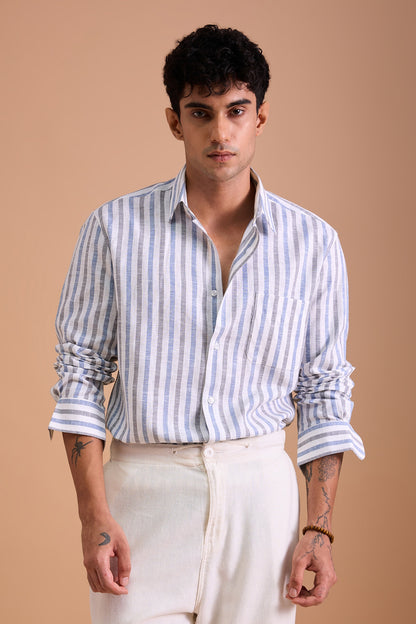 ARVO- MENS PREMIUM COTTON LINEN BLEND BLUE STRIPED REGULAR FIT SHIRT