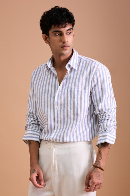 ARVO- MENS PREMIUM COTTON LINEN BLEND BLUE STRIPED REGULAR FIT SHIRT