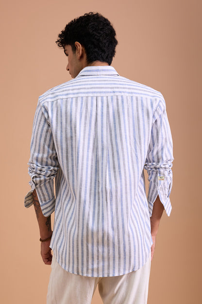 ARVO- MENS PREMIUM COTTON LINEN BLEND BLUE STRIPED REGULAR FIT SHIRT