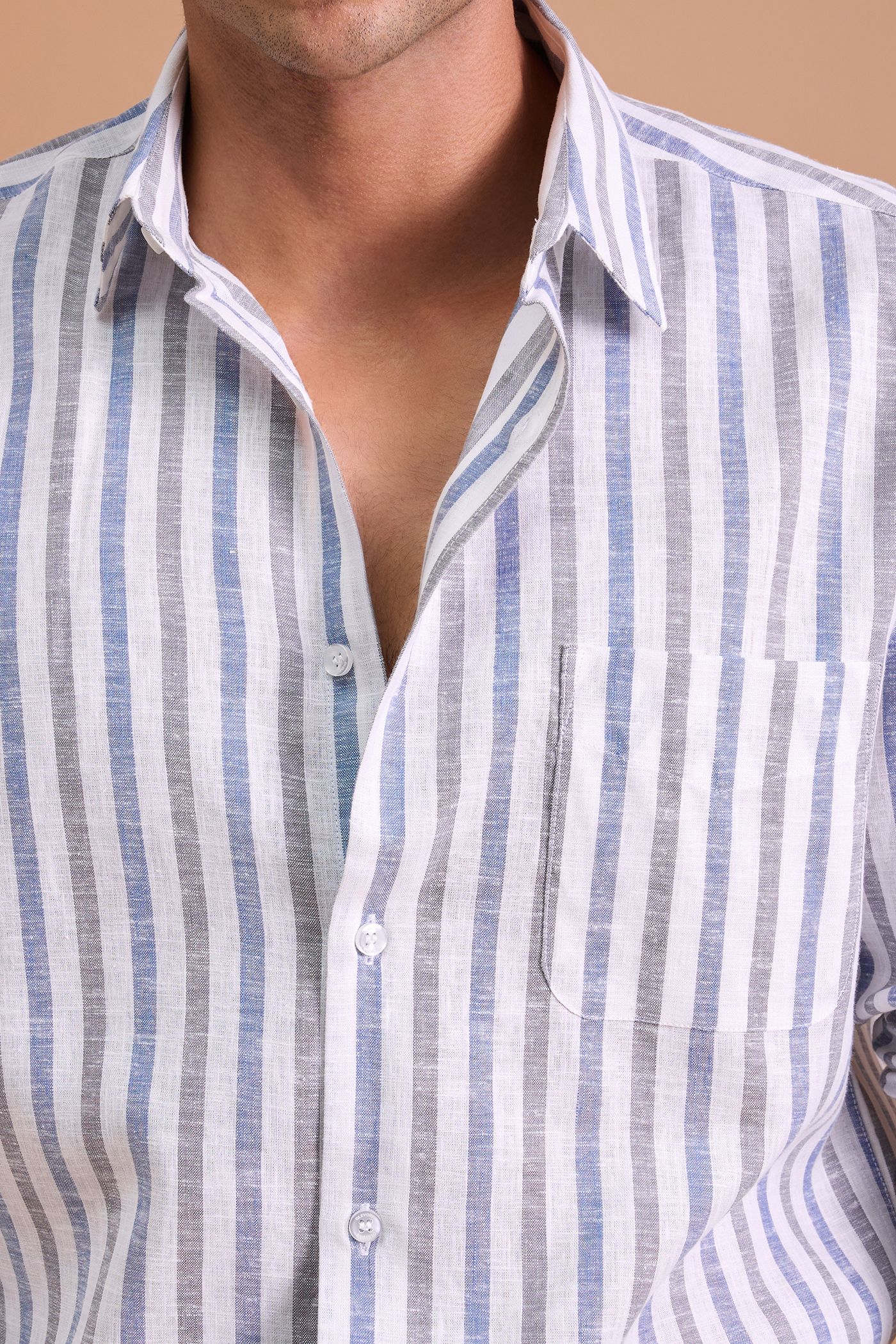 ARVO- MENS PREMIUM COTTON LINEN BLEND BLUE STRIPED REGULAR FIT SHIRT