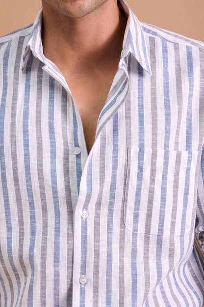 ARVO- MENS PREMIUM COTTON LINEN BLEND BLUE STRIPED REGULAR FIT SHIRT