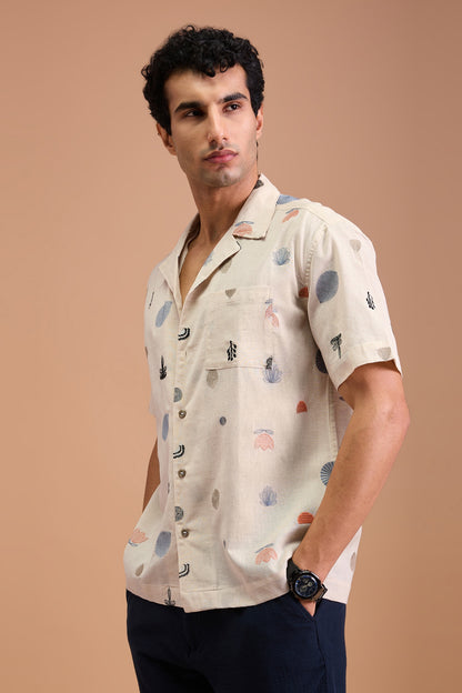 MARENO- MENS MARENO PREMIUM COTTON LINEN BLEND OFF WHITE BOTANICAL EMBROIDERY RELAXED FIT CUBAN SHIRT