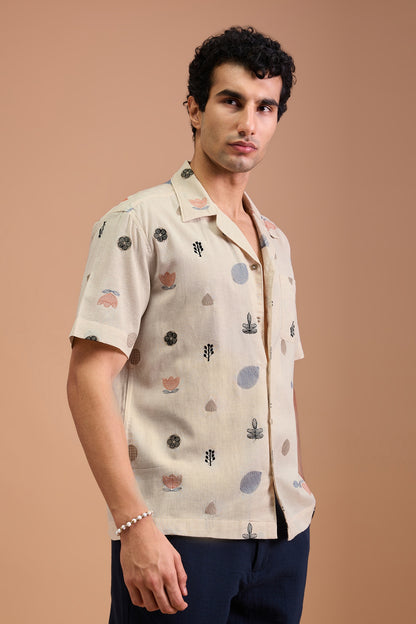 MARENO- MENS MARENO PREMIUM COTTON LINEN BLEND OFF WHITE BOTANICAL EMBROIDERY RELAXED FIT CUBAN SHIRT