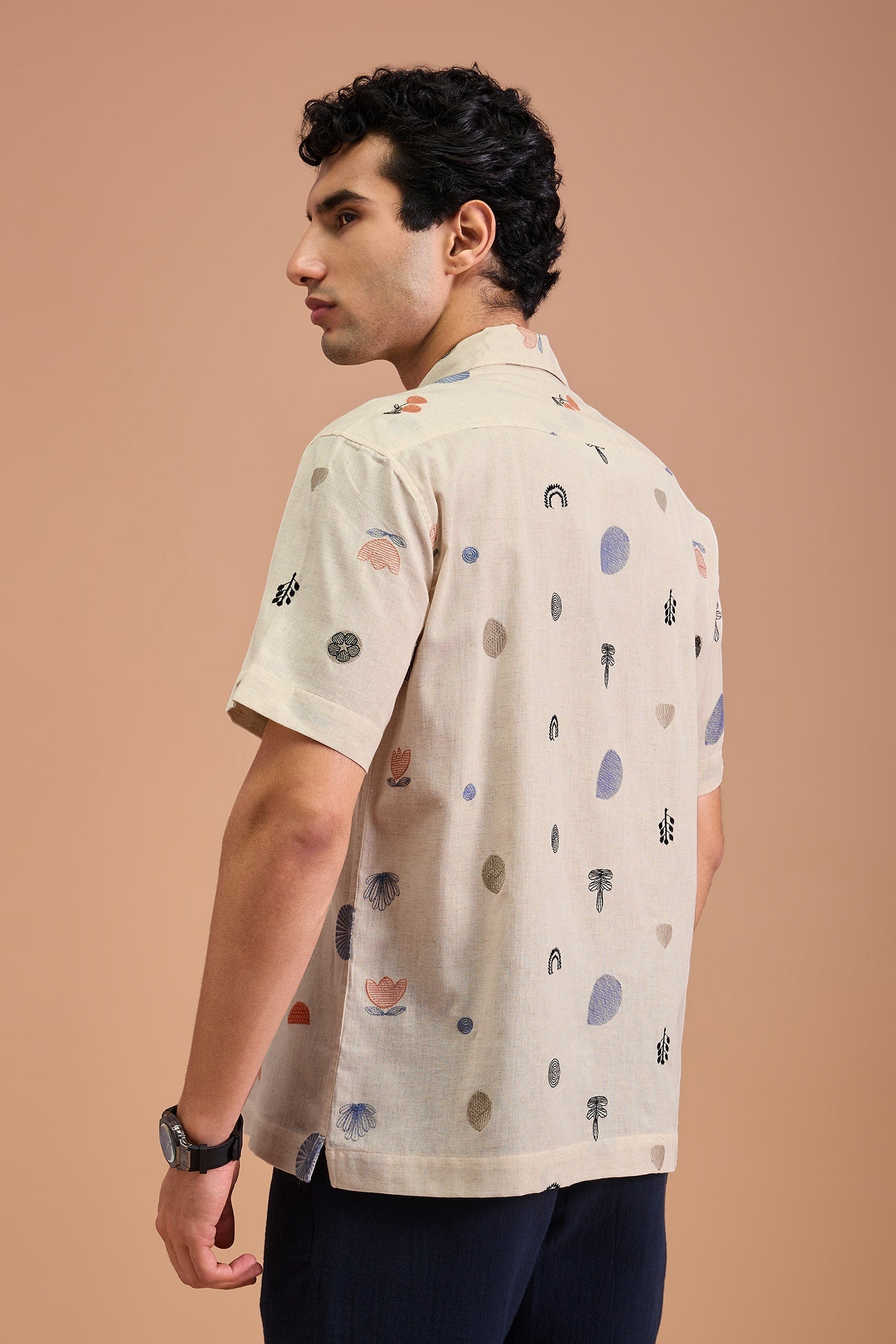MARENO- MENS MARENO PREMIUM COTTON LINEN BLEND OFF WHITE BOTANICAL EMBROIDERY RELAXED FIT CUBAN SHIRT