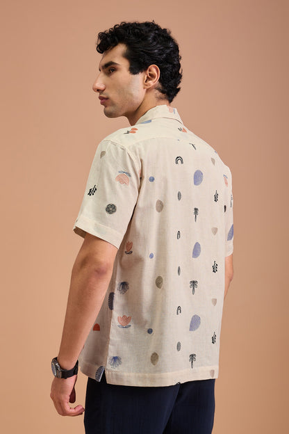 MARENO- MENS MARENO PREMIUM COTTON LINEN BLEND OFF WHITE BOTANICAL EMBROIDERY RELAXED FIT CUBAN SHIRT